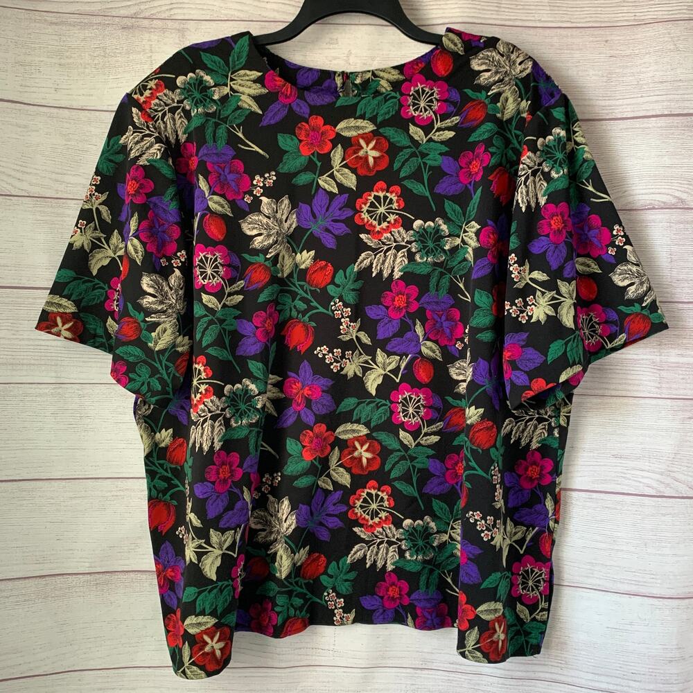 Vintage Top Notch Jewel Tone Floral Print Blouse Short Sleeve Slit Keyhole